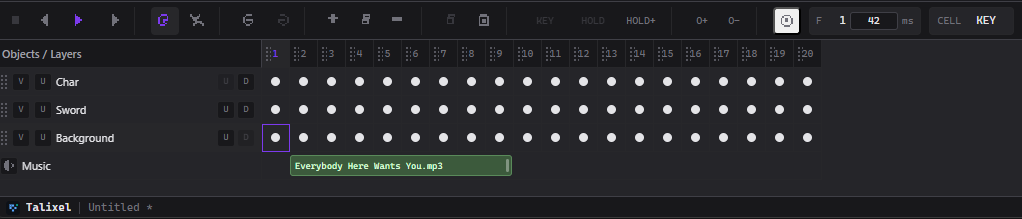 Talixel timeline with music and audio effects positioned for animation timing