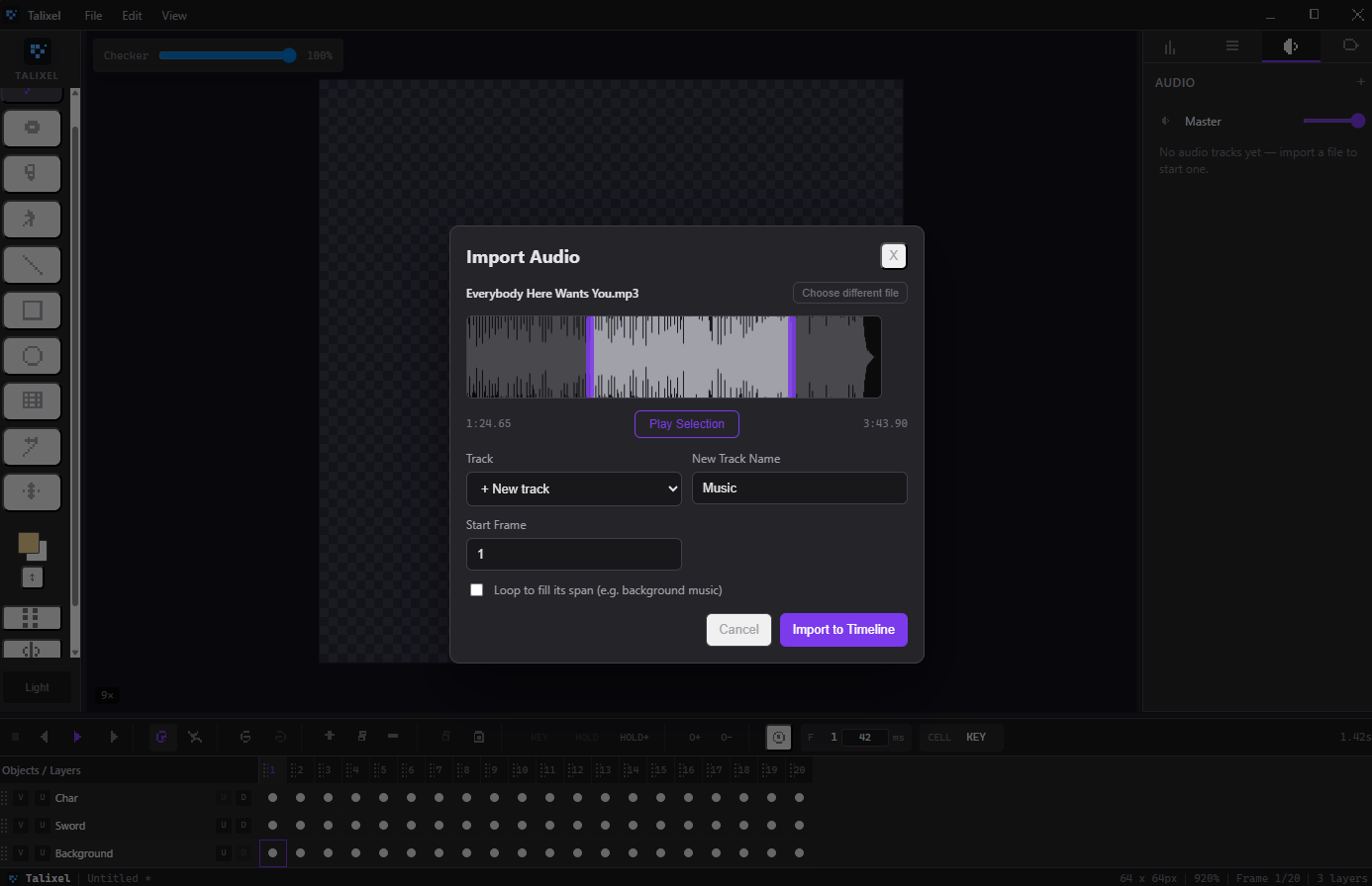 Audio selection tool for choosing and trimming music clips before importing into the timeline